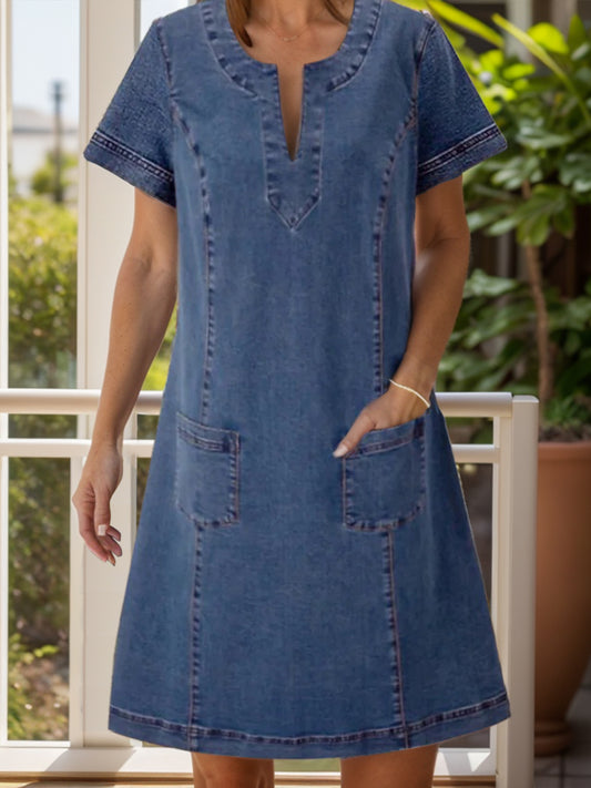 Full Size Notched Short Sleeve Denim Dress - Classique Collection