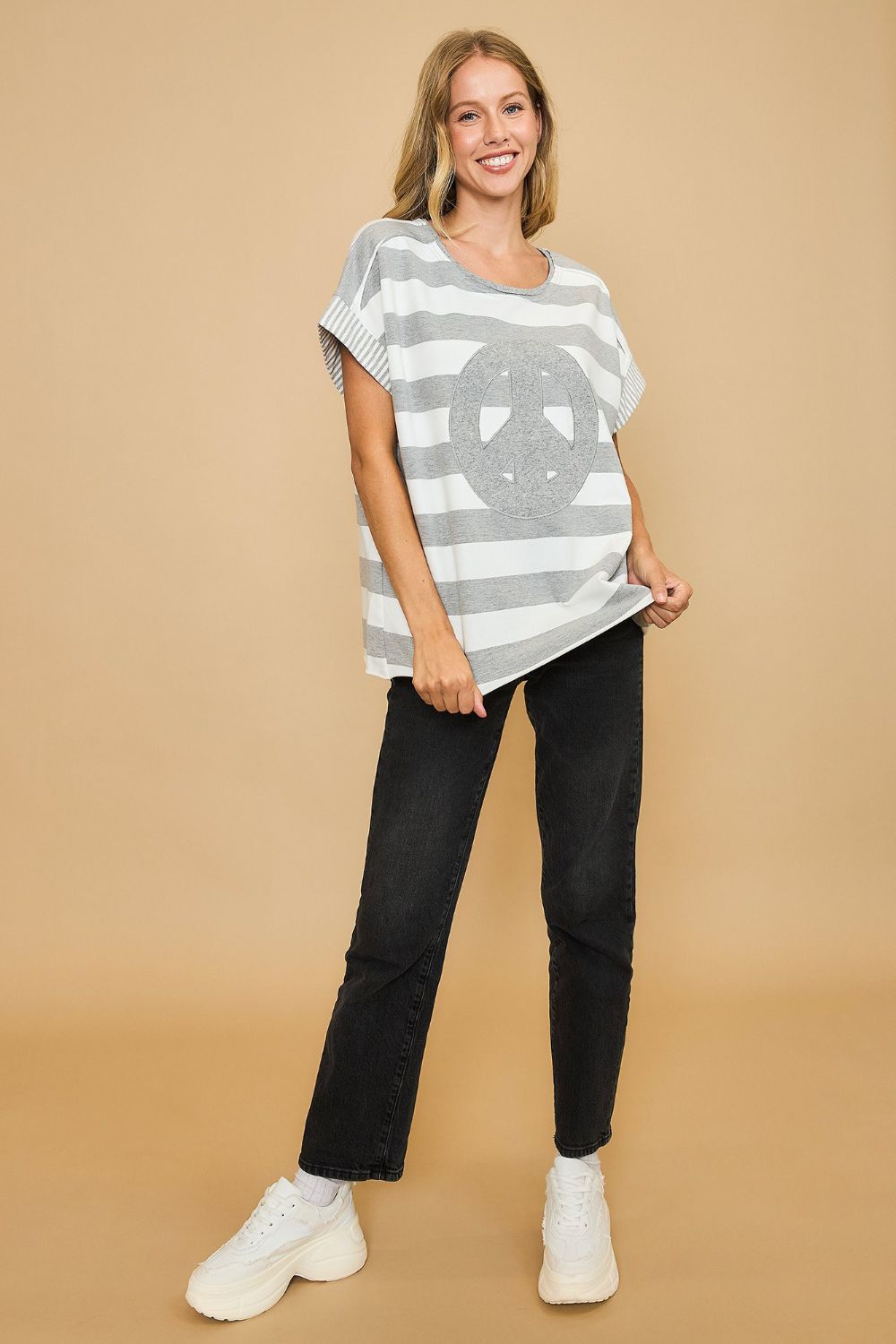 Umgee Peace Sign Patch Striped French Terry T-Shirt - Classique Collection