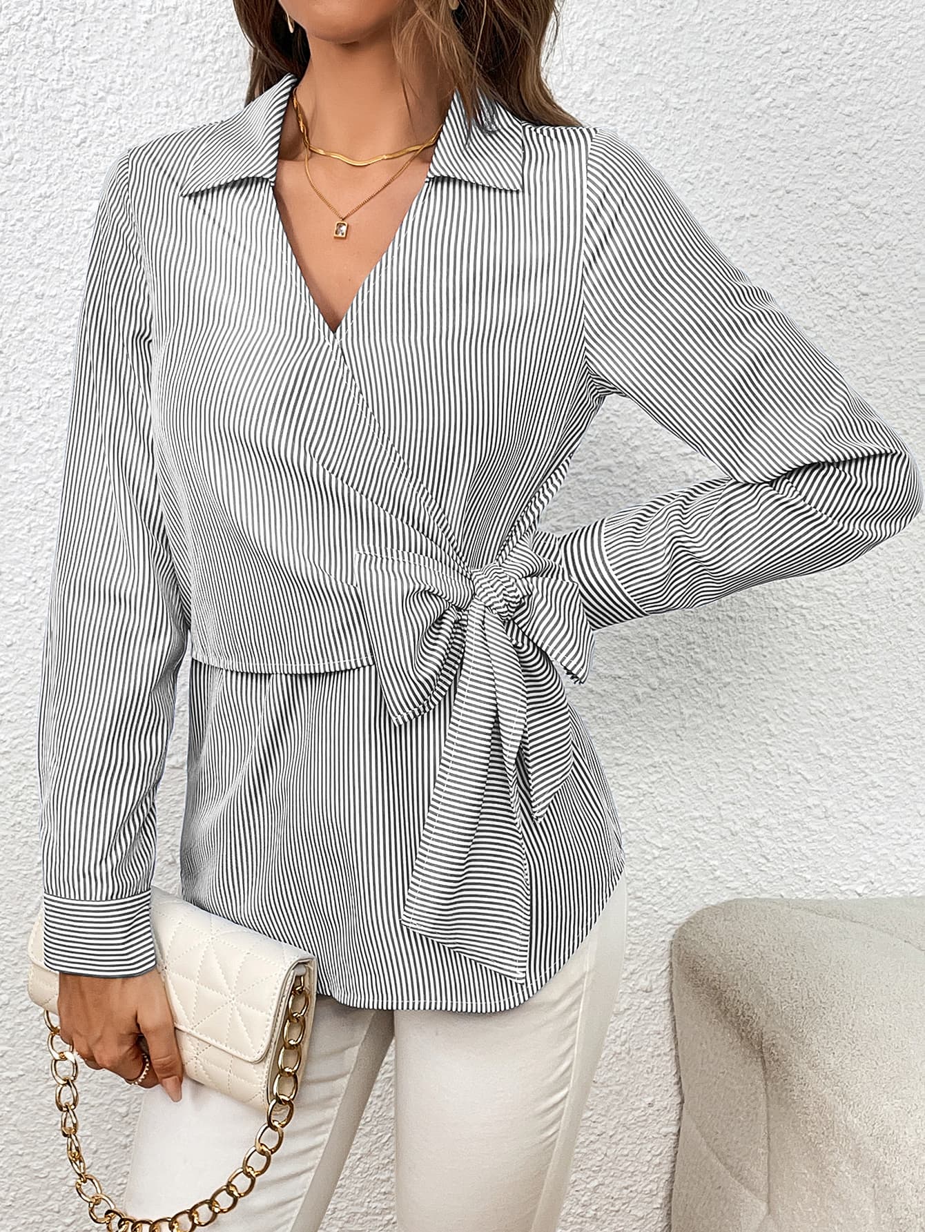 Ivy Lane Bow Tie Waist Johnny Collar Neck Striped Blouse - Classique Collection