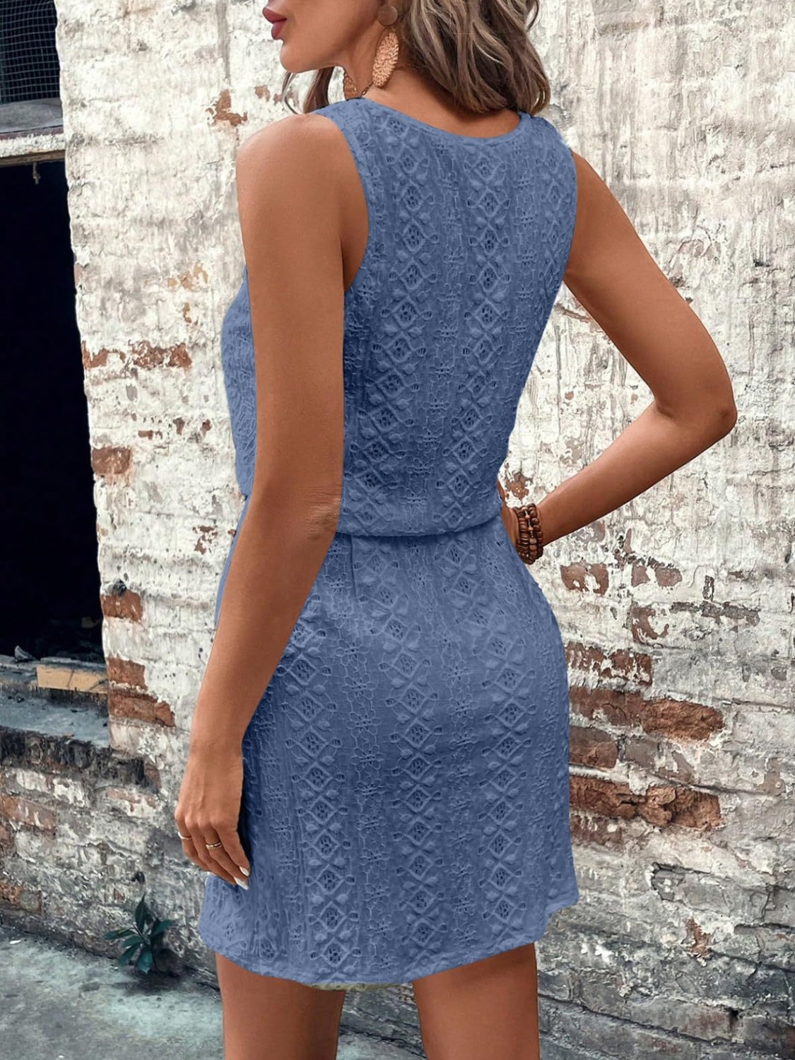 Eyelet Drawstring Round Neck Sleeveless Dress - Classique Collection
