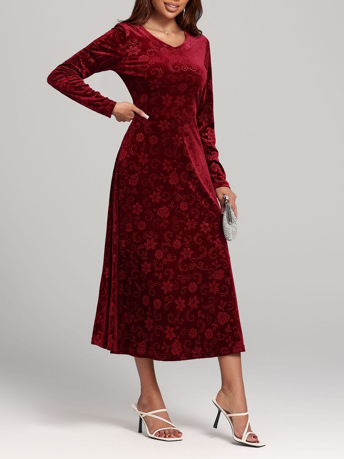 Flower Print V-Neck Long Sleeve Midi Dress - Classique Collection