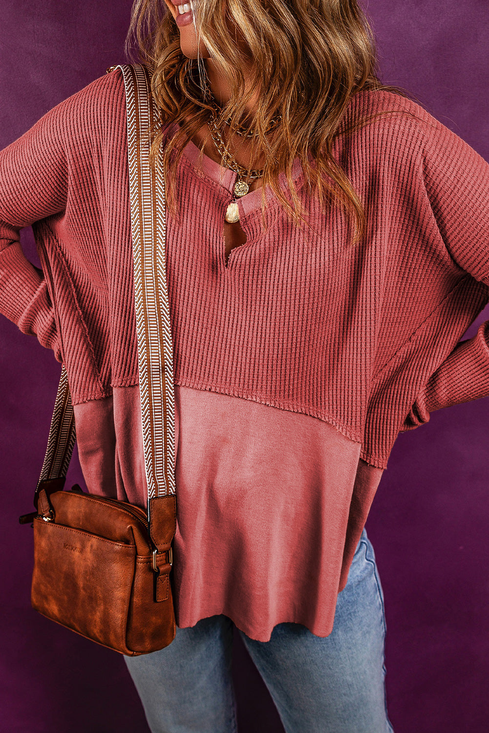 Notched Neck Long Sleeve Slit Blouse - Classique Collection