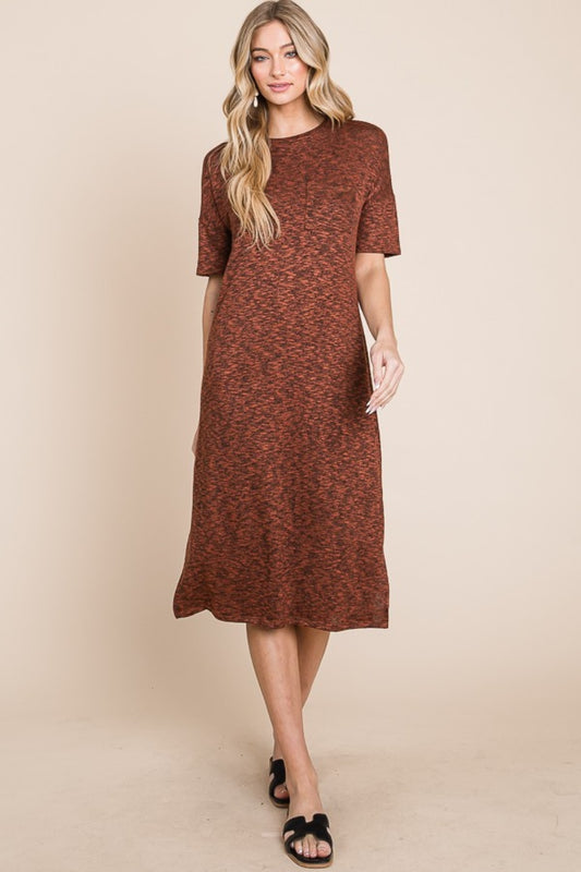 BOMBOM Round Neck Side Slit Midi Dress - Classique Collection