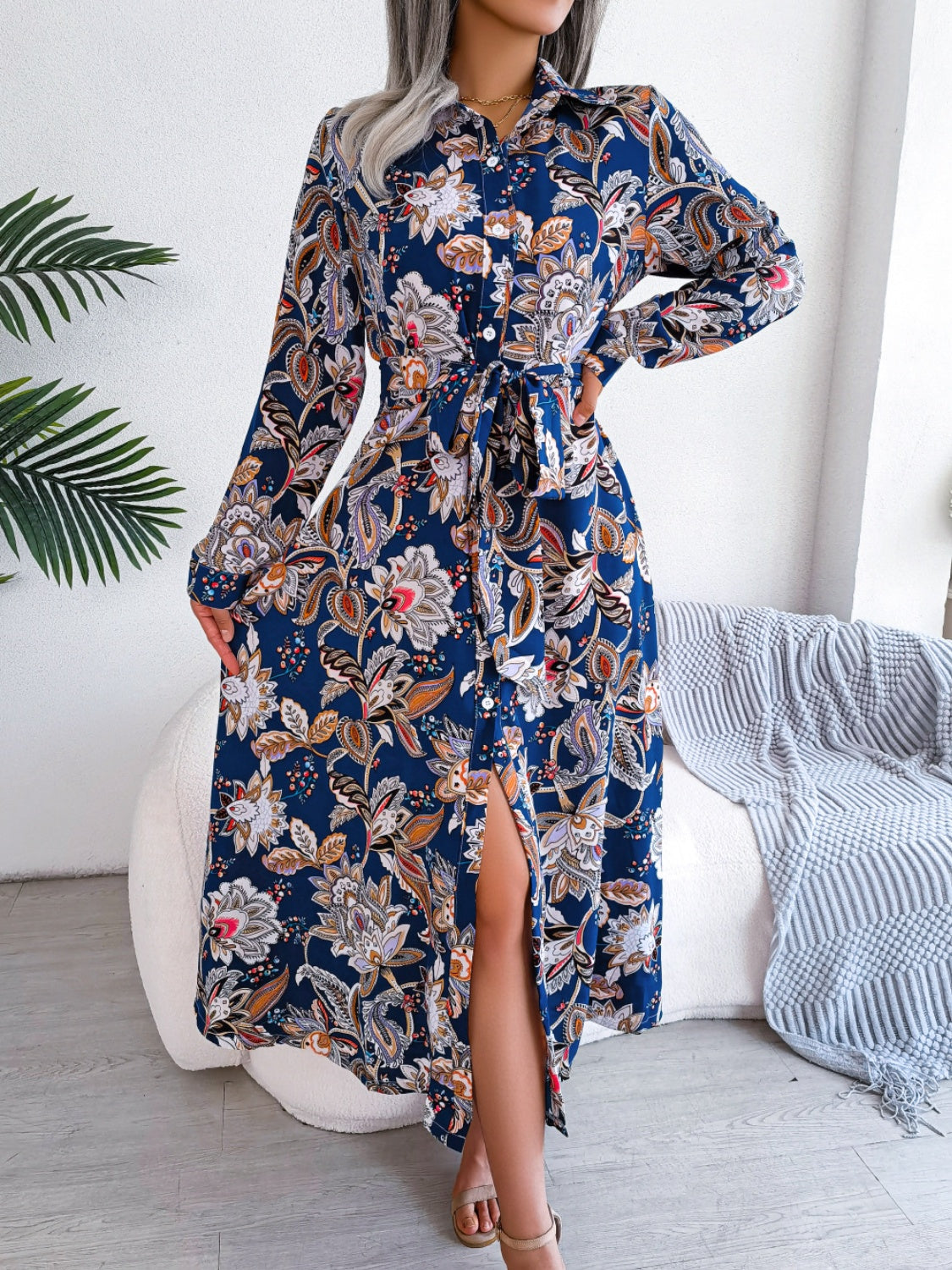 Tied Printed Long Sleeve Midi Dress - Classique Collection