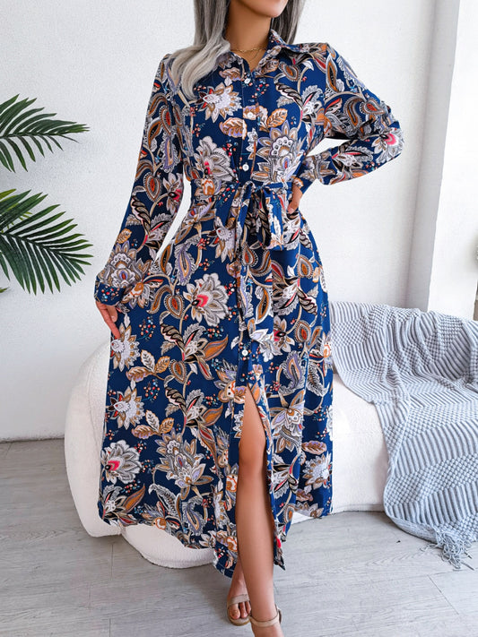 Tied Printed Long Sleeve Midi Dress - Classique Collection