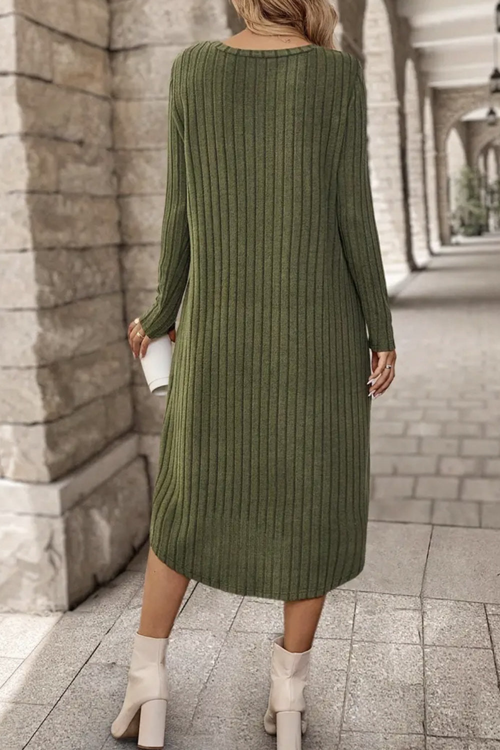 Ribbed Curved Hem Round Neck Long Sleeve Dress - Classique Collection