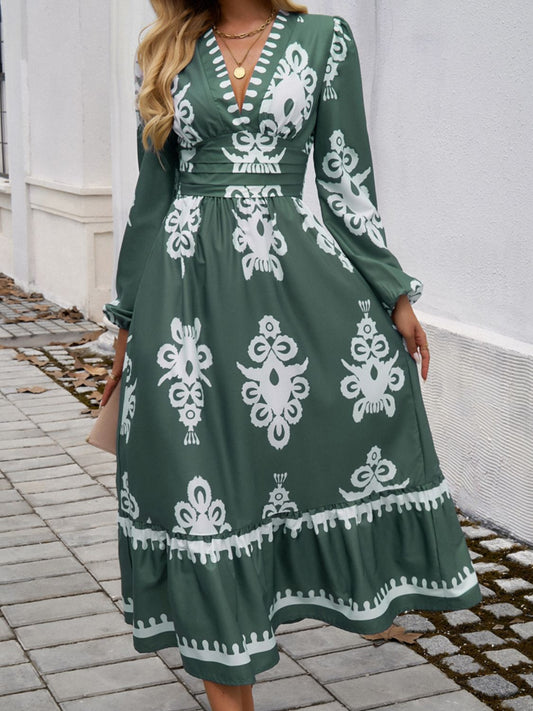 Devine Ruffled Printed Plunge Long Sleeve Dress - Classique Collection
