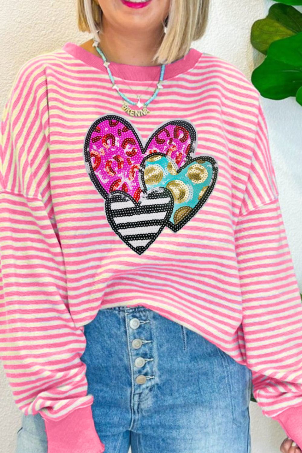 Striped Sequin Heart Round Neck Long Sleeve Sweatshirt - Classique Collection
