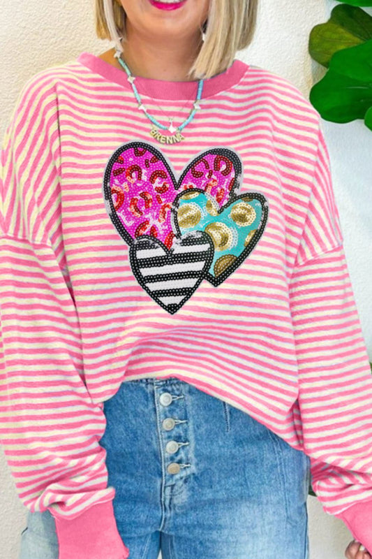 Striped Sequin Heart Round Neck Long Sleeve Sweatshirt - Classique Collection