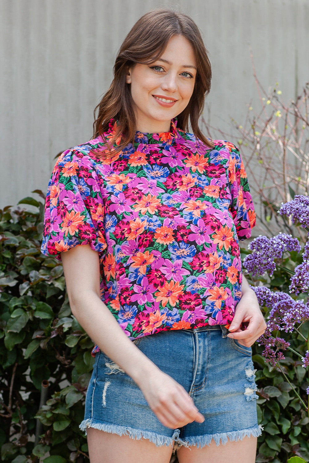 Floral Print Puff Sleeve Round Neck Blouse - ClassiQ