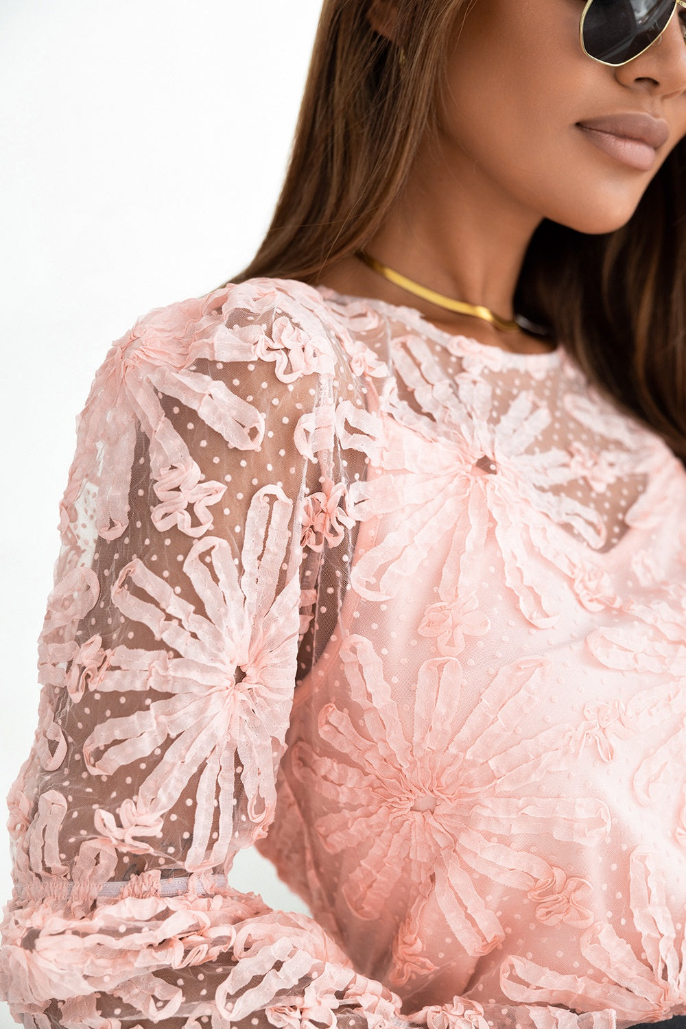Flower Dotted Ruffled Sleeve Mesh Top - Classique Collection