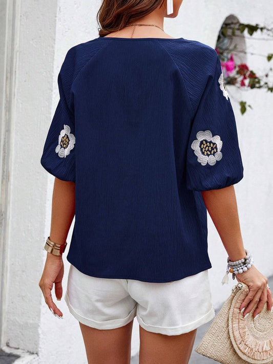 Embroidered Tie Neck Puff Sleeve Blouse - Classique Collection