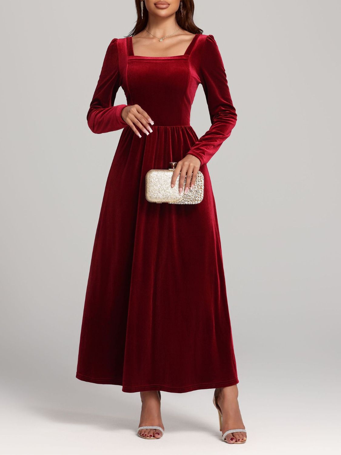 Velvet Square Neck Long Sleeve Dress - Classique Collection