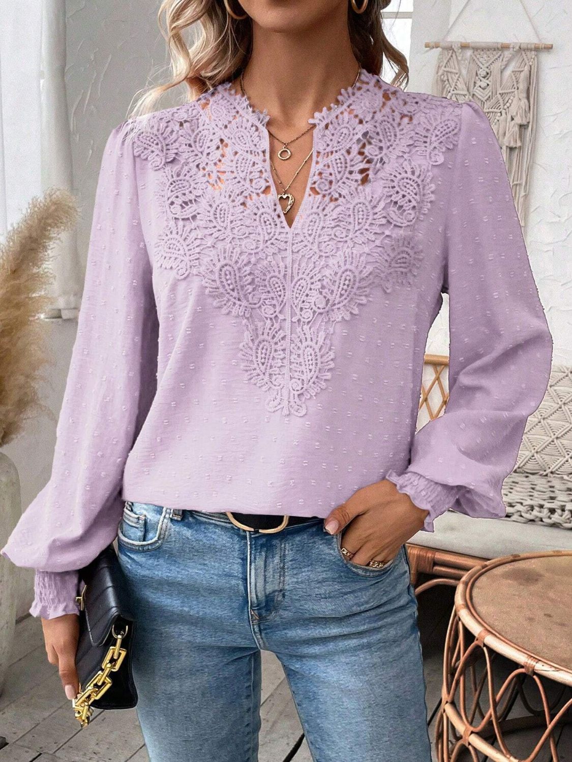 Swiss Dot Lace Detail Notched Long Sleeve Blouse - Classique Collection
