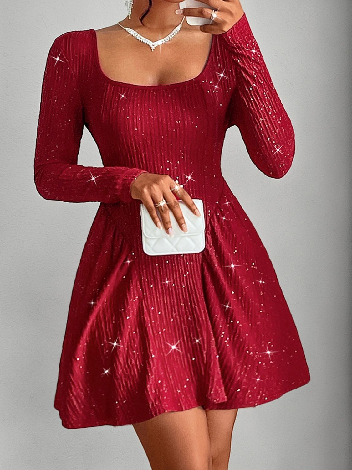 Backless Glitter Square Neck Long Sleeve Mini Dress - Classique Collection