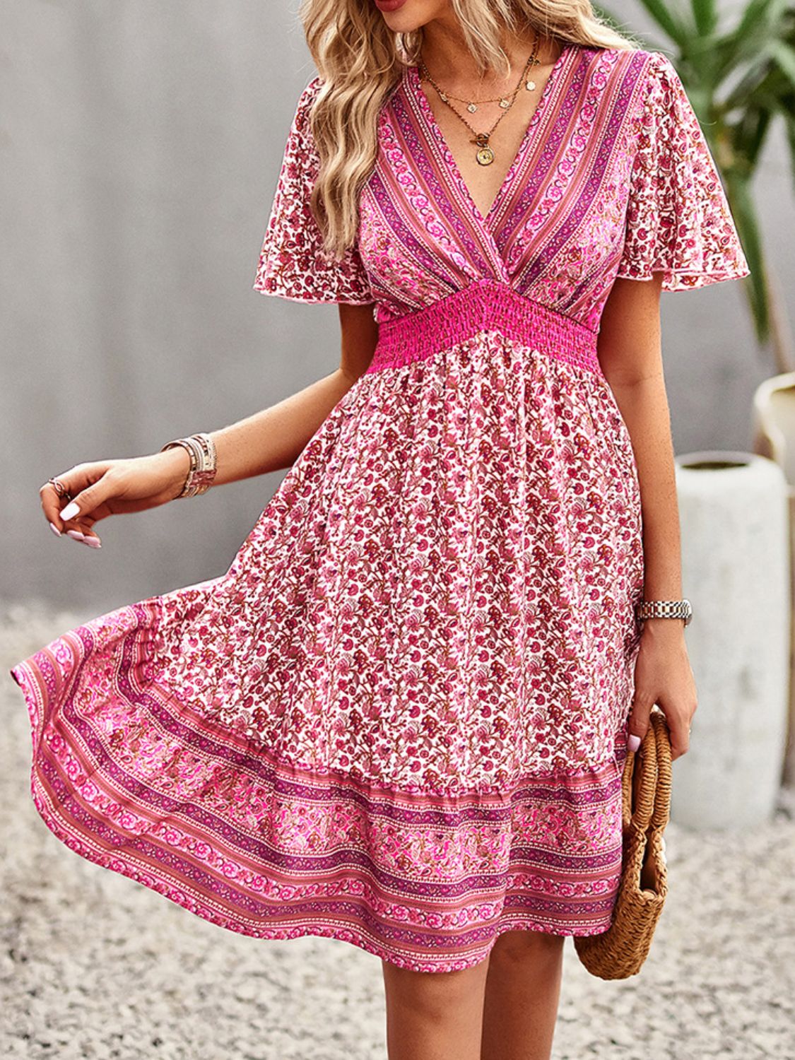 Devine Floral Smocked Waist Short Sleeve Mini Dress - Classique Collection