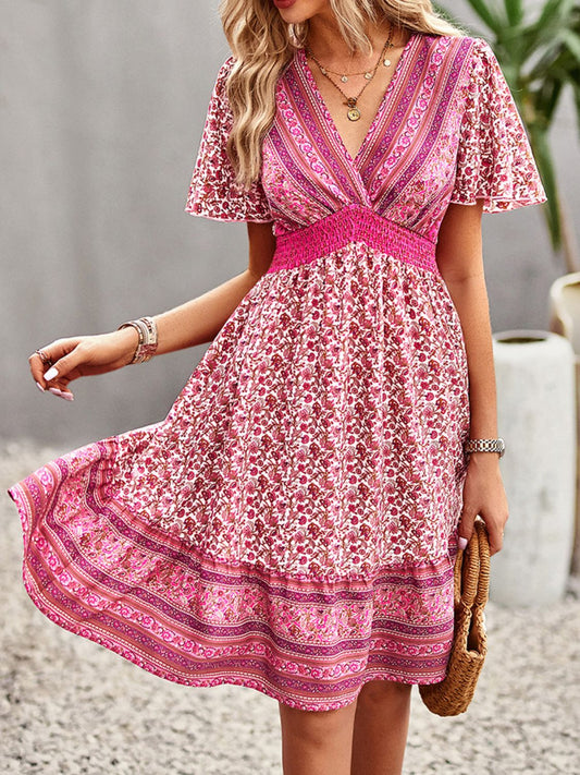 Devine Floral Smocked Waist Short Sleeve Mini Dress - Classique Collection