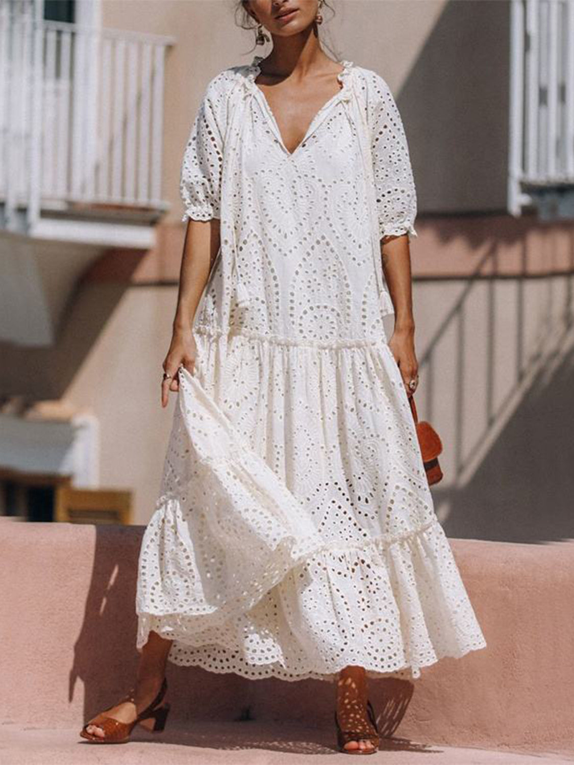 Tie Neck Half Sleeve Tiered Dress - Classique Collection