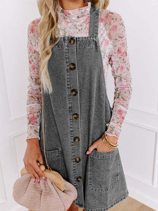 Wide Strap Button Down Denim Overall Dress - Classique Collection