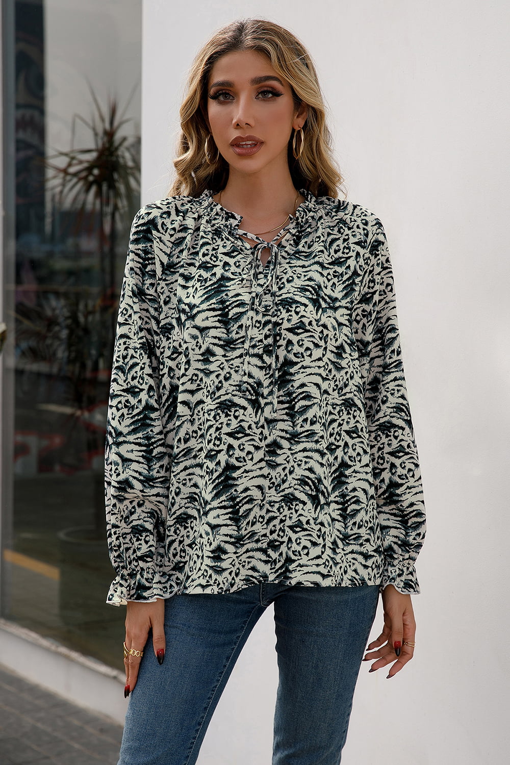 Ivy Lane Printed Tie Neck Frill Trim Flounce Sleeve Blouse - Classique Collection
