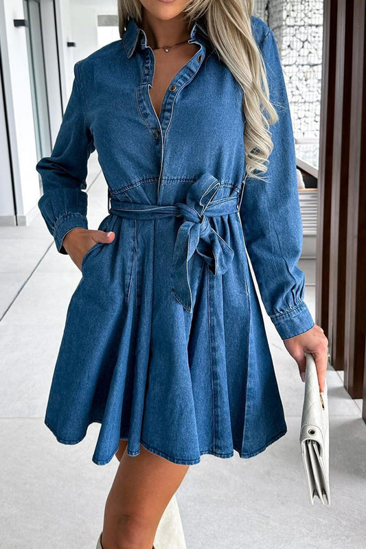 Tied Half Button Long Sleeve Denim Dress - Classique Collection