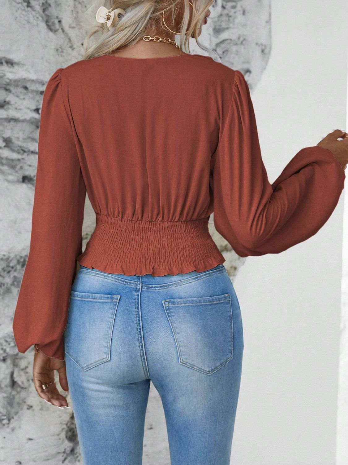 Smocked Surplice Balloon Sleeve Top - Classique Collection