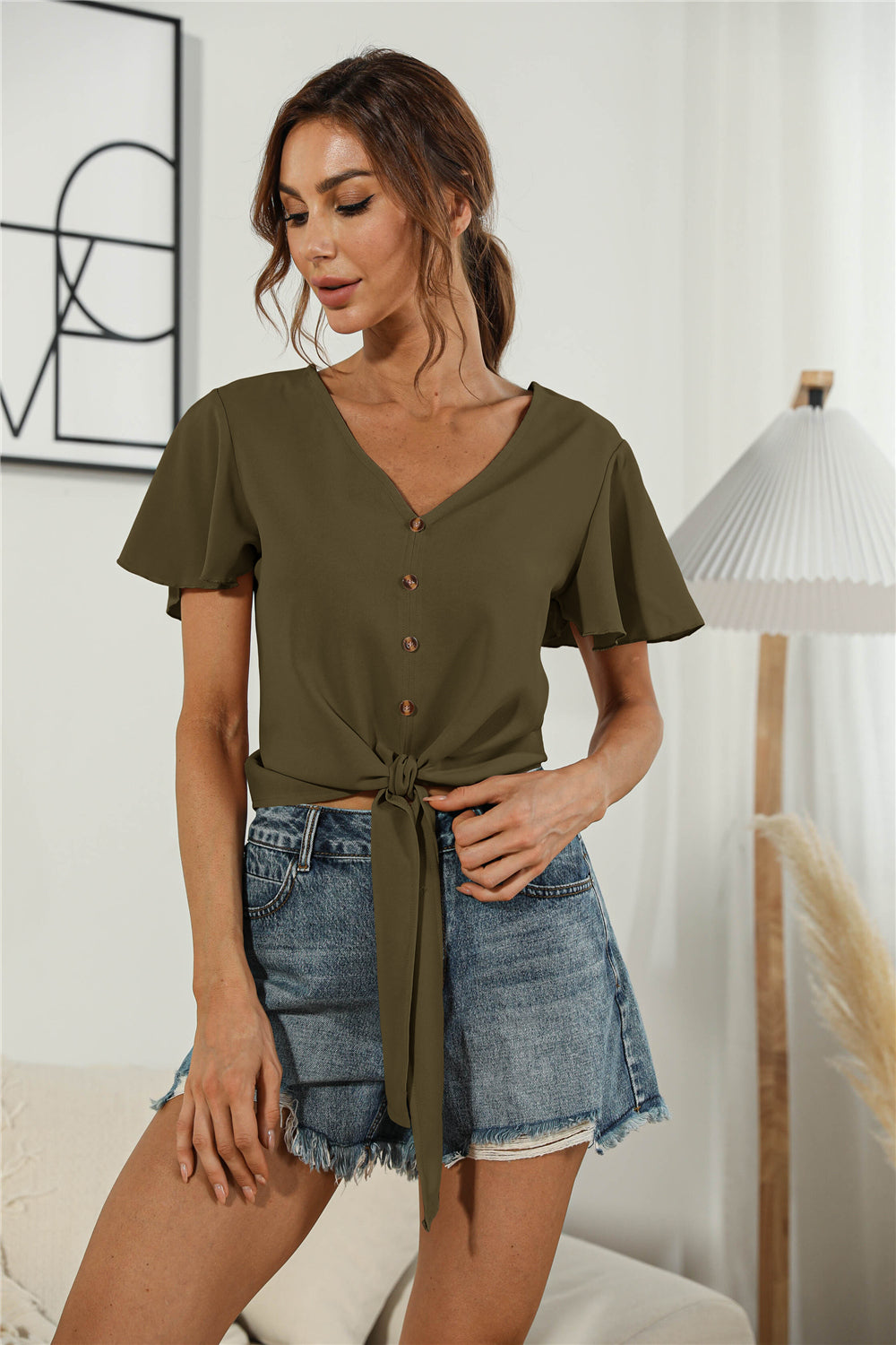 Decorative Button V-Neck Tied Blouse - ClassiQ