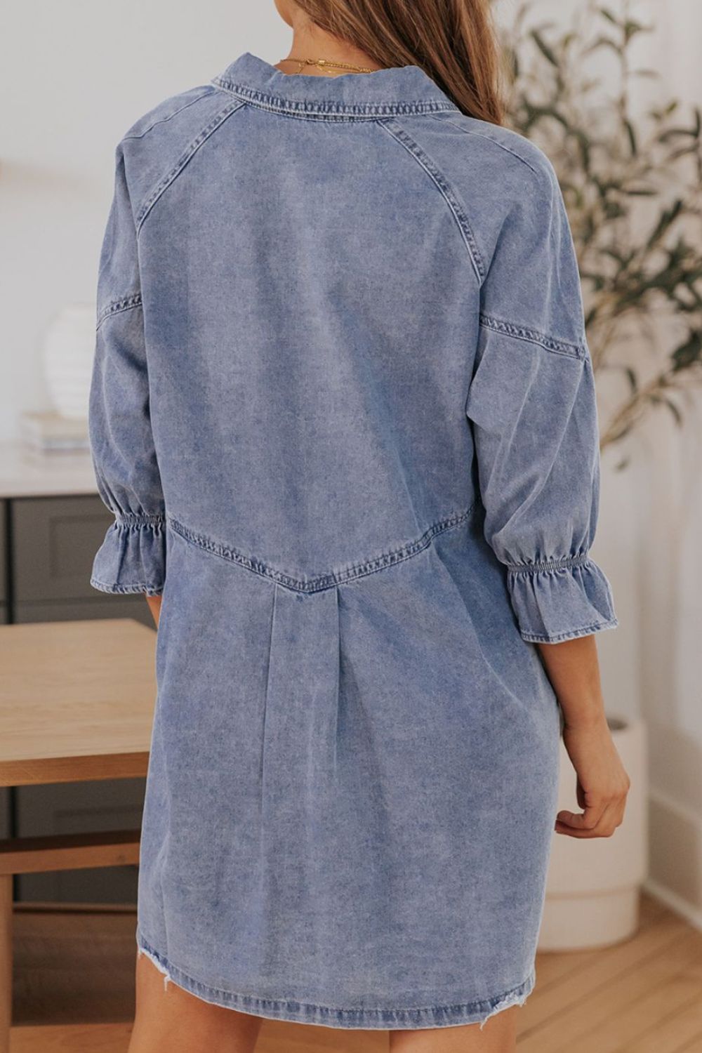 Distressed Collared Neck Flounce Sleeve Denim Dress - Classique Collection