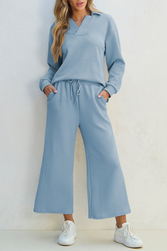 Textured Collared Neck Top and Wide Leg Pants Set - ClassiQ