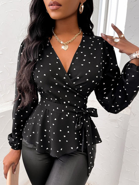 Heart Print Surplice Balloon Sleeve Blouse - Classique Collection