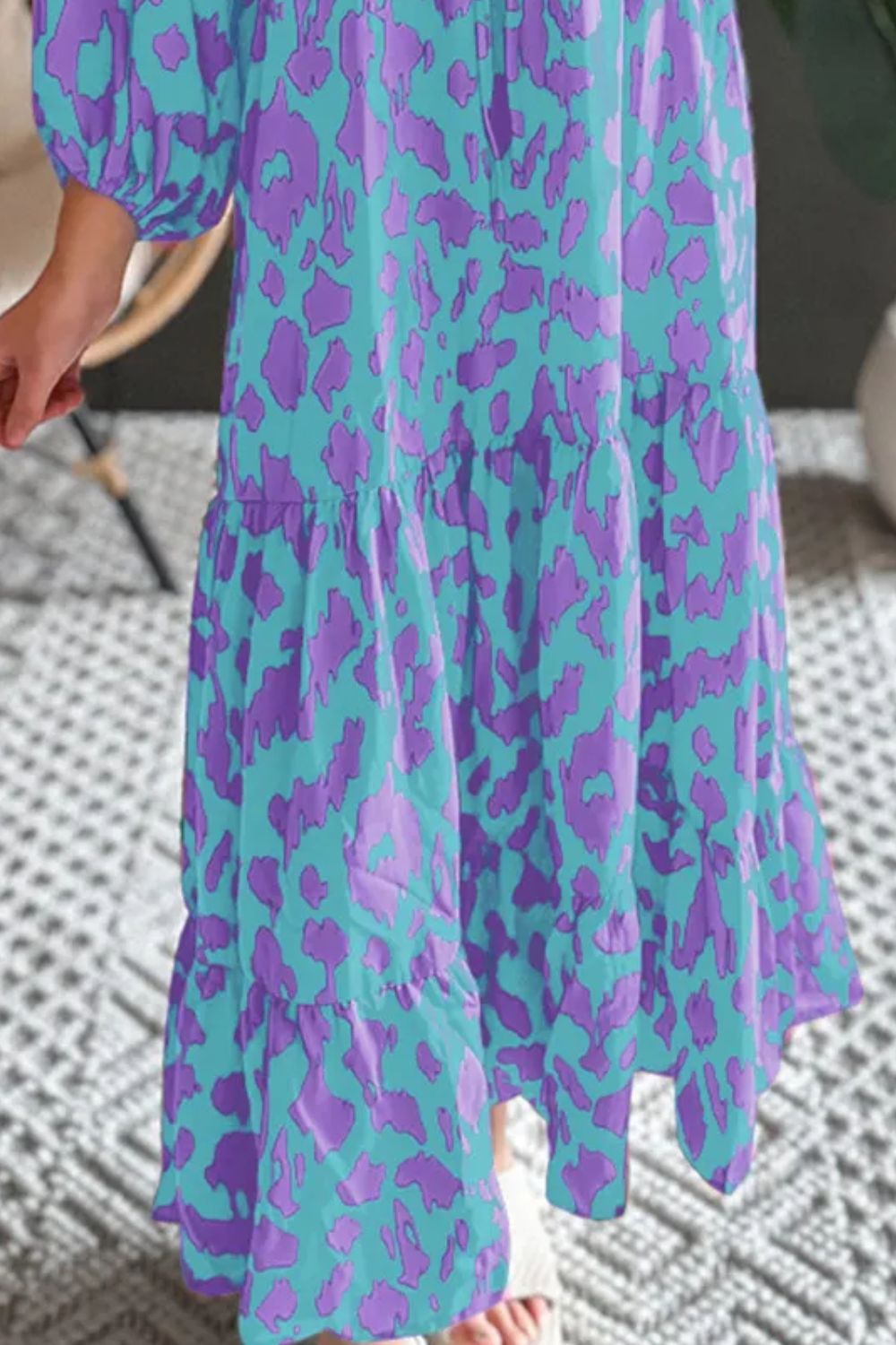 Smocked Printed Tie Neck Long Sleeve Dress - Classique Collection