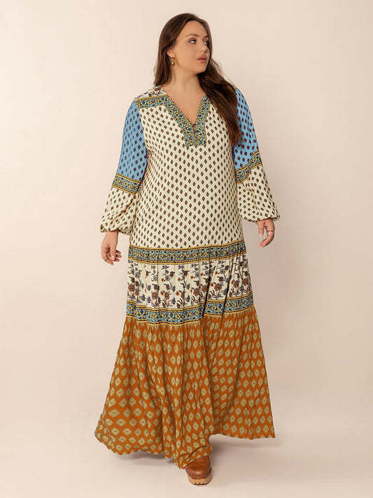 Plus Size Printed V-Neck Balloon Sleeve Maxi Dress - Classique Collection