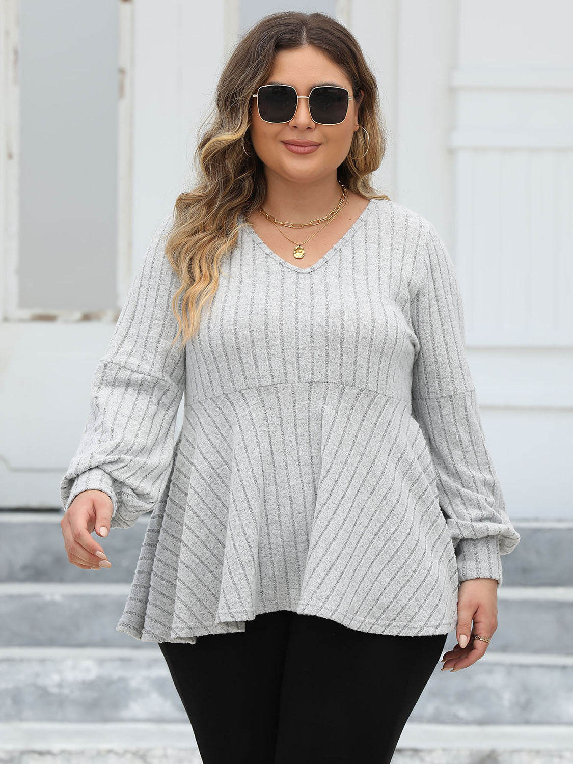 Plus Size Ribbed V-Neck Long Sleeve Blouse - Classique Collection