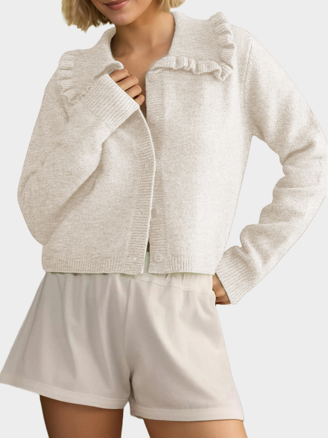 Frill Button Up Collared Neck Long Sleeve Cardigan - ClassiQ