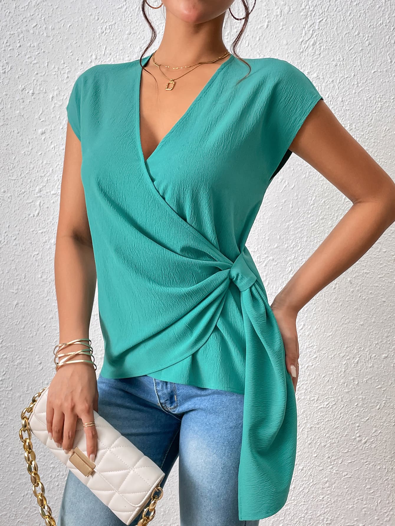 Honey Tied Surplice Neck Short Sleeve Blouse - Classique Collection