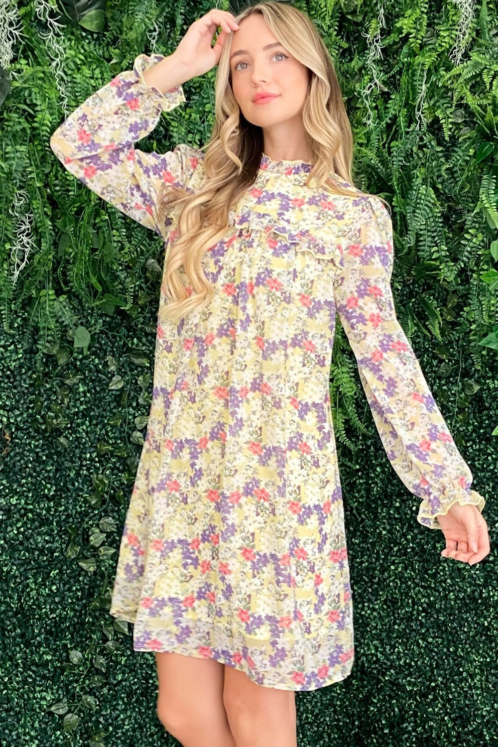 And The Why Floral Mock Neck Flounce Sleeve Dress - Classique Collection
