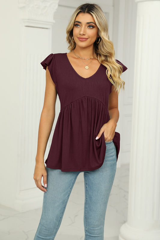 V-Neck Flutter Sleeve Babydoll Blouse - Classique Collection