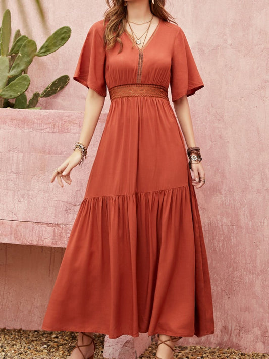 Lace Detail V-Neck Half Sleeve Midi Dress - Classique Collection