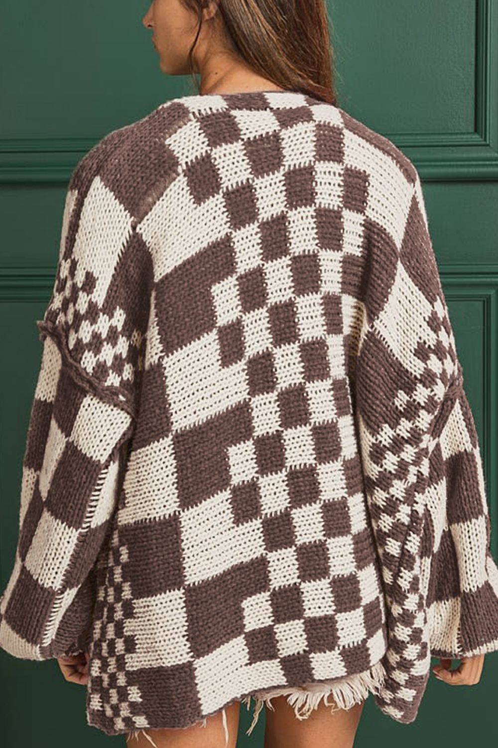 Checkered Open Front Long Sleeve Cardigan - ClassiQ