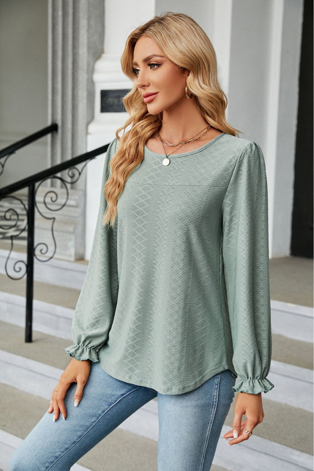 Round Neck Flounce Sleeve Blouse - Classique Collection