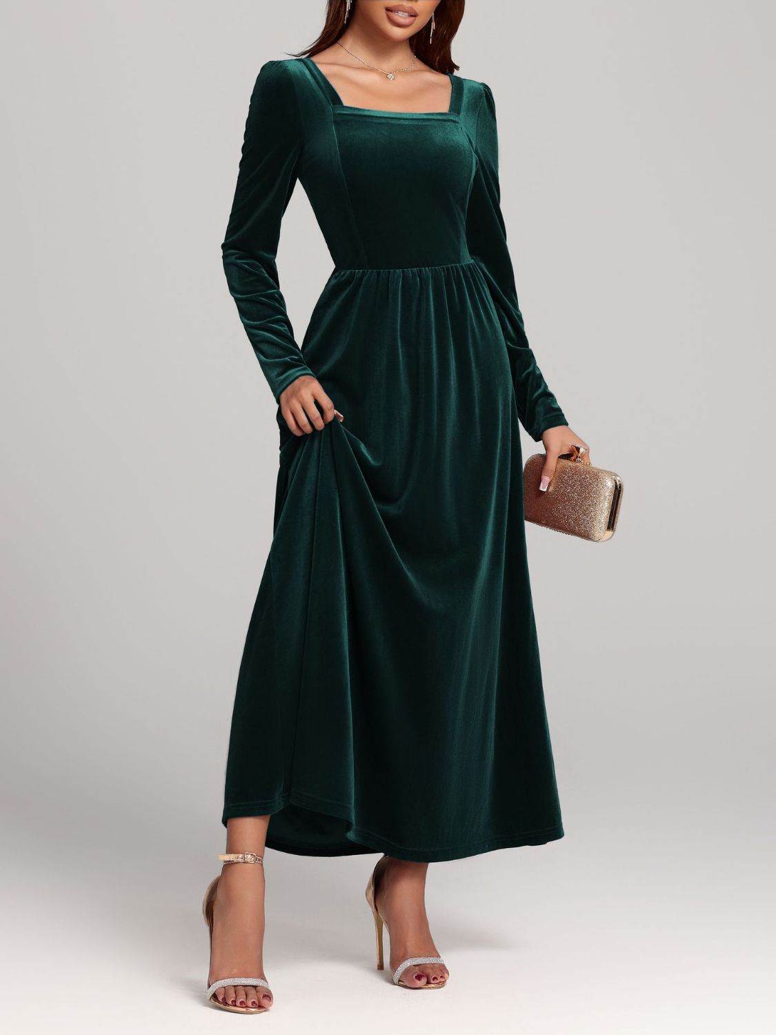 Velvet Square Neck Long Sleeve Dress - Classique Collection
