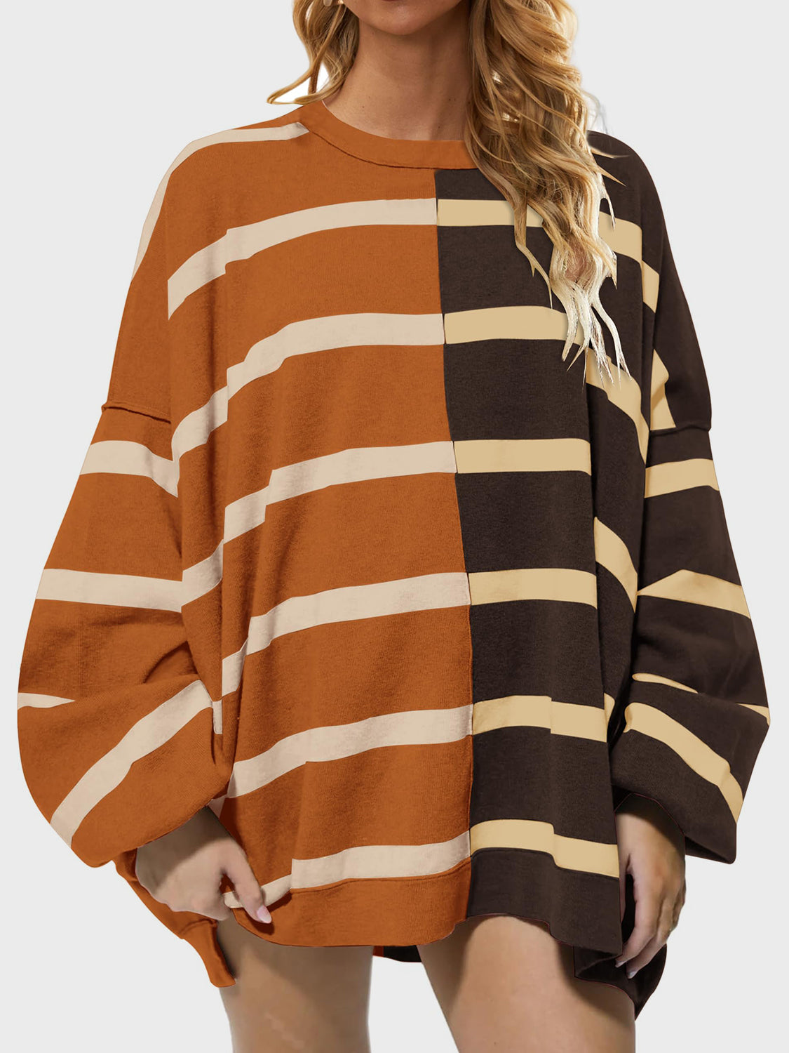 Striped Round Neck Long Sleeve Sweater - ClassiQ