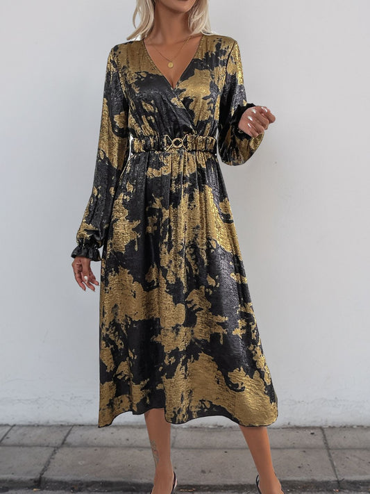 Perfee Printed Surplice Long Sleeve Midi Dress - Classique Collection