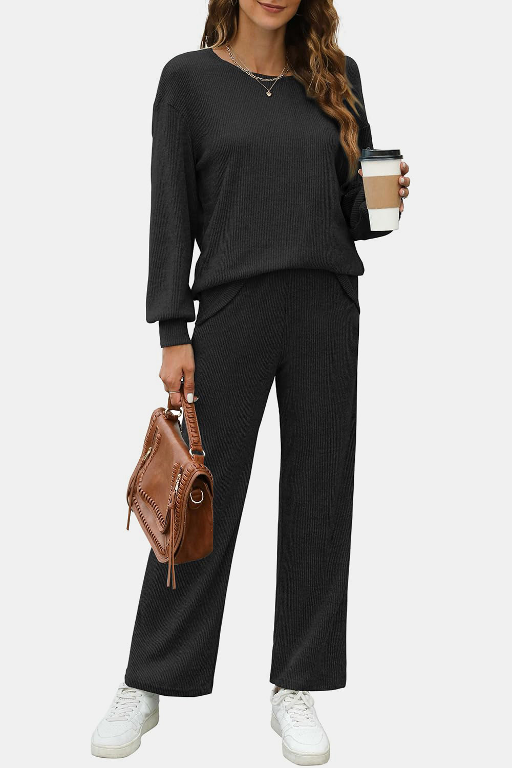 Round Neck Long Sleeve Top and Pants Set - ClassiQ