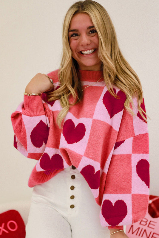 Pink Love Heart Checkered Valentine Knit Sweater - ClassiQ