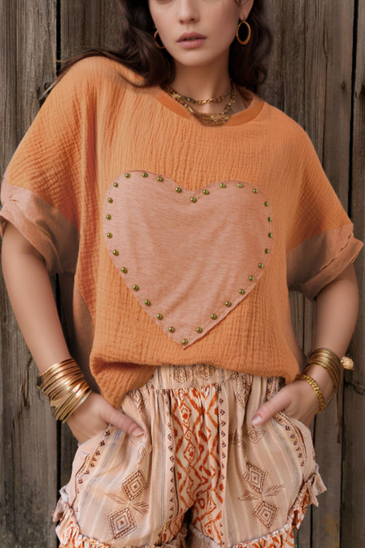 Stud Heart Patch Round Neck Short Sleeve T-Shirt - Classique Collection
