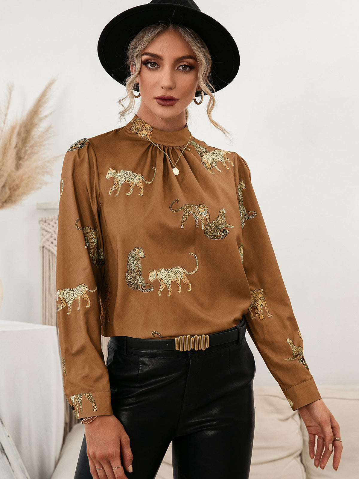 Ivy Lane Leopard Graphic Mock Neck Puff Sleeve Blouse - Classique Collection