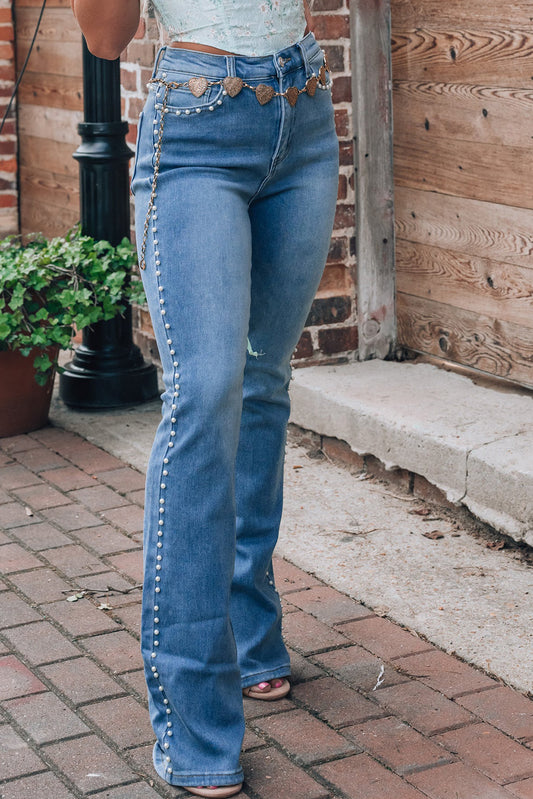 Pearl Trim High Waist Bootcut Jeans - Classique Collection