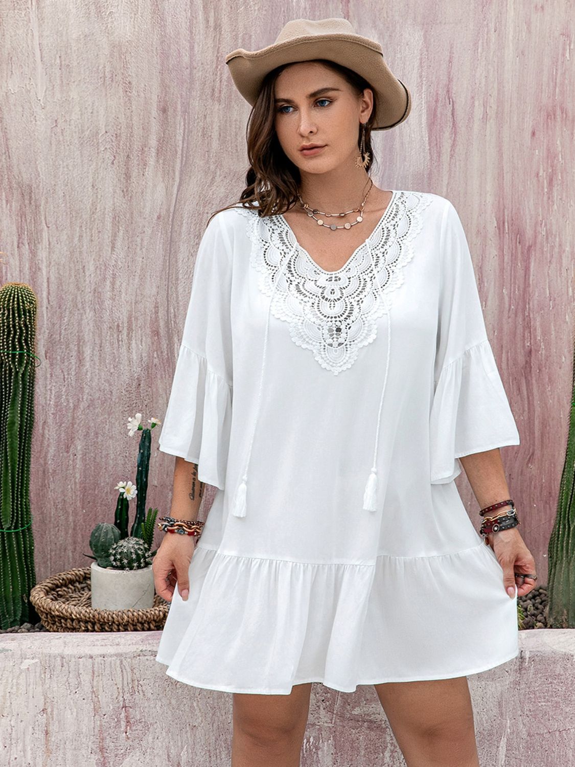 Plus Size Lace Detail Tie Neck Three-Quarter Sleeve Mini Dress - Classique Collection