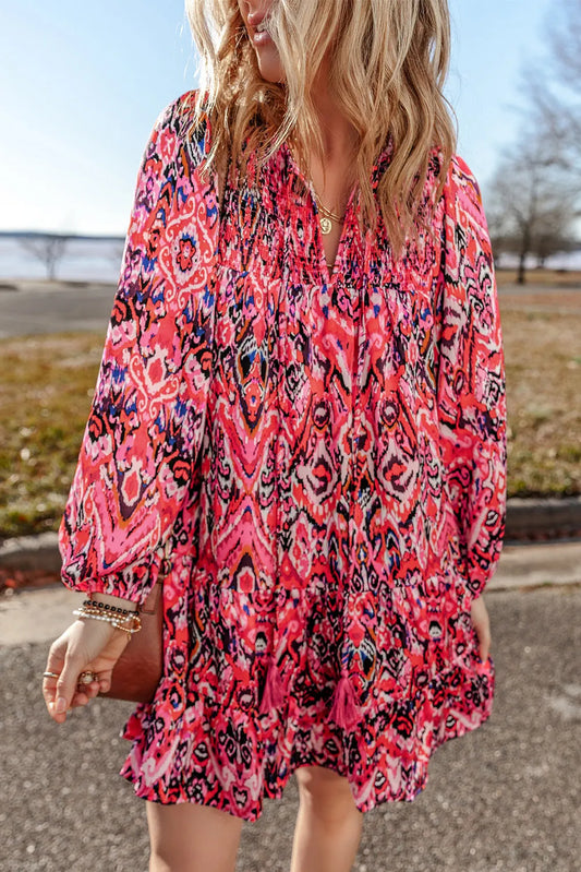 Tassel Printed Tie Neck Long Sleeve Dress - Classique Collection